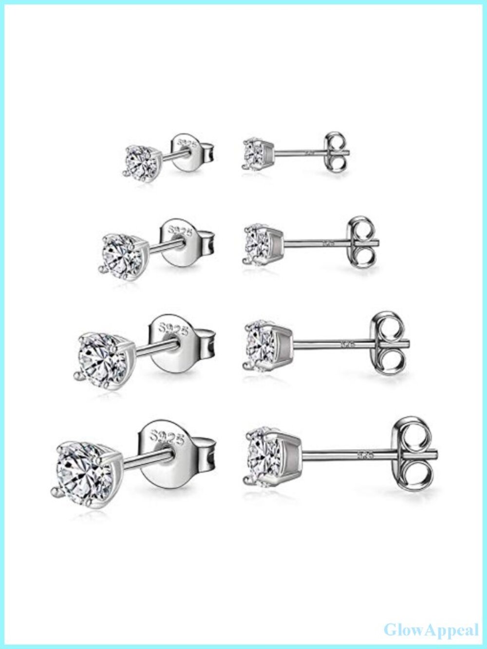 925 Sterling Silver Stud Earrings Set White Gold Plated Cubic Zirconia